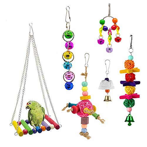 Ototon 6 Stück Vogelspielzeug aus Naturholz Kunststoff Spielzeug Ball Schaukel montiert Wellensittich Zubehör Glockenspiel Dekoration Freizeit für Parrot Finken Papagei kleine Tiere von Ototon