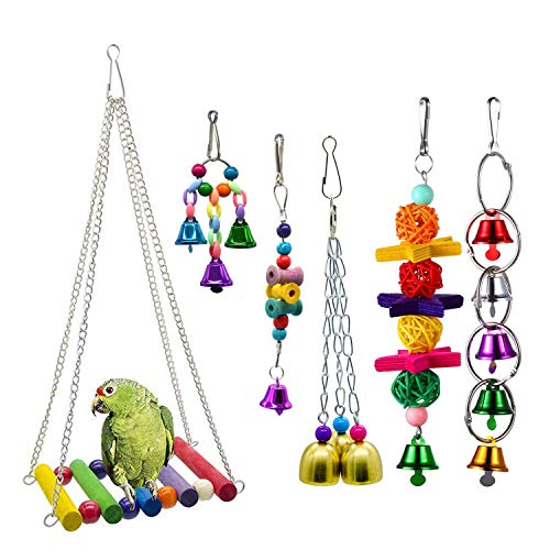 Ototon 6-teiliges Vogelspielzeug-Set, hängend, aus Naturholz, Spielzeug, Schaukel, Brücke, Leitern, Wellensittiche, Glocke, für Papageien von Ototon