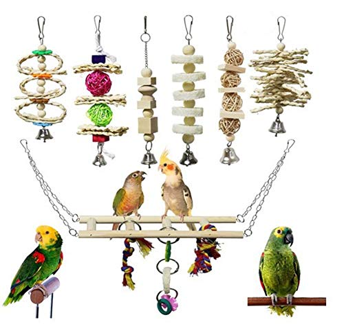 Ototon 7-teiliges Vogelspielzeug-Set, hängend, aus Naturholz, Spielzeug mit Glocke Brücke, Leitern, Sittich, gesundes Zubehör für Parrot Finken, Papagei von Ototon