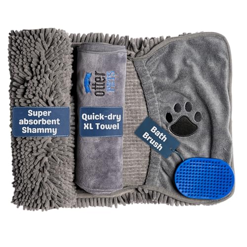 OtterPets Set mit zwei großen Hundehandtüchern und Hundebürste, Hundebadzubehör, Mikrofaser-Handtuch und Shammy, Hundehandtücher zum Trocknen von Hunden groß, Hundebürste für Fellpflege, von OtterPets