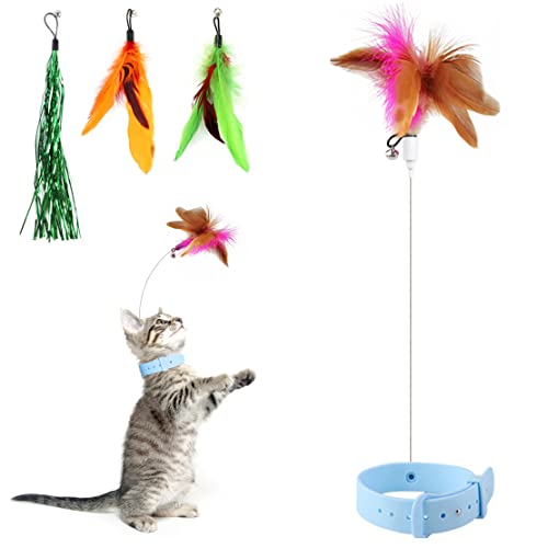 Otunrues Katzenfeder-Halsband-Spielzeug, interaktiv für Indoor-Katzen, neckender Katzenfederstab, Spielzeug, freihändiges Katzenspielzeug mit Glocke und austauschbaren 3 natürlichen Federn, von Otunrues