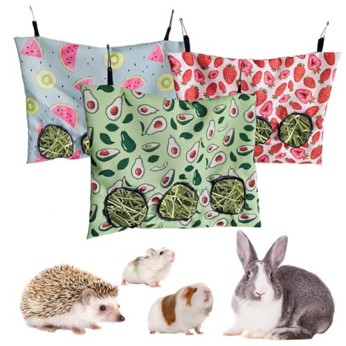 3PCS Hasen-Futterstation Heutaschen,Kaninchen Zubehör,Futterspender Kaninchen,Hängende,Oxford-Stoff Kleintier-Futterspender Futterbeutel für Chinchilla Holländisches Schwein Maulwur (3PCS-3 Löcher) von OuLi Store