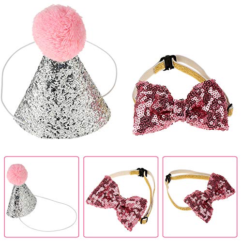 2 Stück Nettes Haustier Hund Katze Geburtstag Kappen Bowknot Haustier Geburtstagsgeschenk Kegel Hut Krone Fliege Kragen Set für Haustiere Geburtstagsfeier(Rosa) von Oumefar