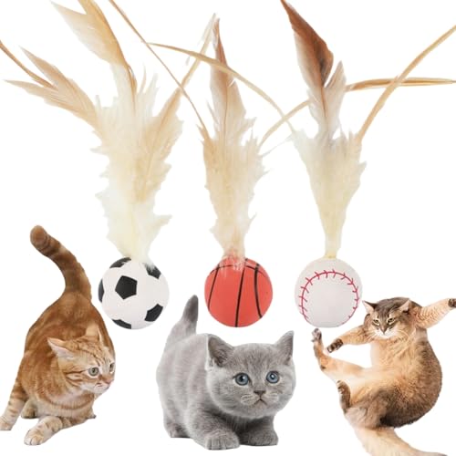 3 Stück Katzenfederball mit Feder, Katzenfederball, C-at Spielzeug, Bälle mit F-Eather,Hüpfschwänze, C-at Spielzeug für Indoor-Katzen, Ca-t T-oys, C-at F-eather To-y, Ca-t Entertainment Bounc-y Ba-ll von Oumun
