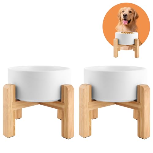 Oungy 2er Set Keramik Hundenapf Erhöht, Hunde Fressnapf mit Bambus Ständer, Hundenapf Set mit Rutschfestem Matte, Fressnapf Hund Keramik, Keramiken Napf Hund für Katzen und Hunde (850ml, Weiß) von Oungy