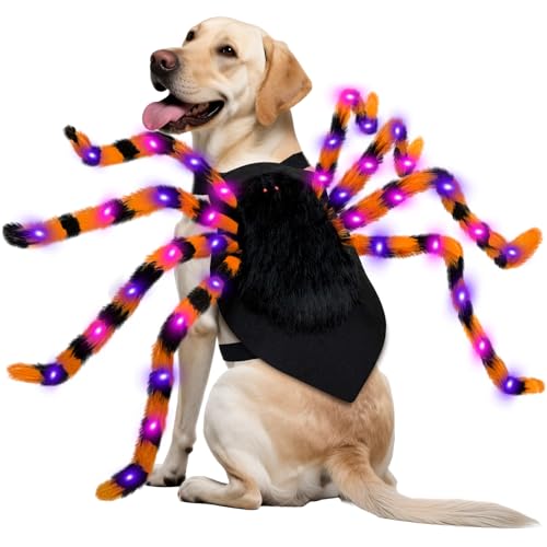OurWarm Hunde-Halloween-Kostüm für große Hunde, 64 LEDs, pelziges Riesenspinnen-Kostüm, lustiges Haustier-Halloween-Kostüm für große und große Rassen, Haustier-Party, Cosplay-Dekoration (Orange) von OurWarm