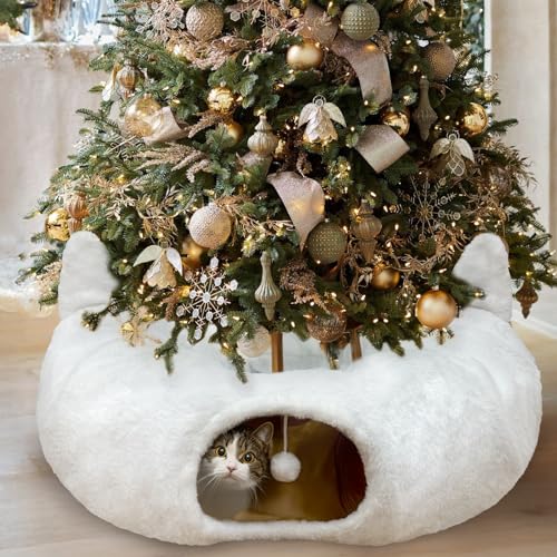 OurWarm Katzentunnelbett unter dem Weihnachtsbaum, weißer Plüsch-Pop-Up-Katzen-Spieltunnel mit zentraler Matte, perfekt für festliche Katzen und kleine Tiere von OurWarm