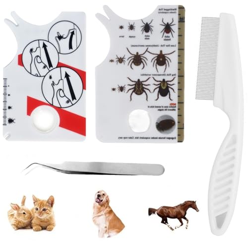 Ourdort Zeckenkarte Set,2 Zecken Waagenkarte Mit Lupe + Zeckenzange+1 Kamm,Zeckenheber Werkzeugset,Zeckenzange Set, Zeckenentferner für Hunde, Katzen und Menschen Kinder von Ourdort