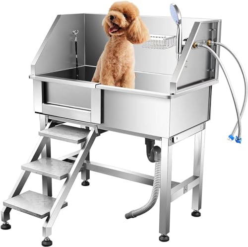 Outafurnia Hundepflegestation, 86,4 cm, professionelle Edelstahl-Hundewaschstation für kleine Hunde mit Wasserhahn, begehbare Rampe und Zubehör, Haustierwaschstation Badewanne (linke Tür) von Outafurnia