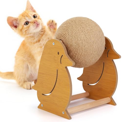 Outamateur Kratzball für Katzen, Sisal-Kratzball mit niedlichem stabilem Ständer, interaktives Spiel- und Übungsspielzeug für Kätzchen, Katzen, kleine Haustiere (Pinguin) von Outamateur