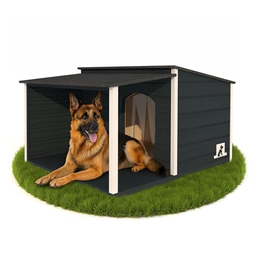 Outentin Hundehütte Isoliert Winterfest XL - Hundehaus mit Flachdach & Terrasse Für Große Hunde - Stabile Hütte für Draußen - Wetterfest Haus mit Wärmedämmung - 123 x 105 x 73 cm - Anthrazit von Outentin