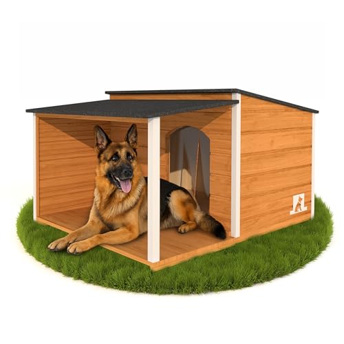 Outentin Hundehütte Isoliert Winterfest XL - Hundehaus mit Flachdach & Terrasse Für Große Hunde - Stabile Hütte für Draußen - Wetterfest Haus mit Wärmedämmung - 123 x 105 x 73 cm - Eiche von Outentin