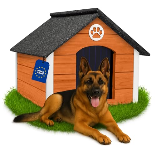 Outentin Hundehütte Outdoor Isoliert - Hundehaus für Große Hund - Winterfest und Wetterfest - Hunde Haus für Draußen mit schrägem Dach - Stabile Villa und Moderne Design - 103 x 90 x 70cm-Teak von Outentin