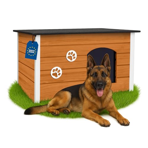 Outentin Hundehütte Outdoor Winterfest - Hundehaus für Große Hund - Isoliert und Wetterfest - Hunde Haus für Draußen mit zum Öffnen Flachdach - Stabile und Moderne Villa - 105 x 71 x 64cm -Eiche von Outentin