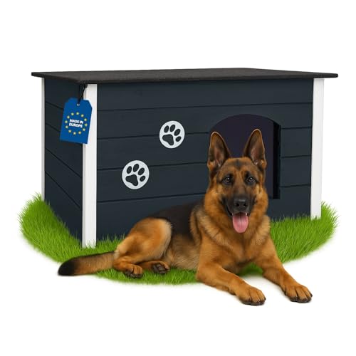 Outentin Hundehütte Outdoor Winterfest - Hundehaus für Große Hund - Isoliert und Wetterfest - Hunde Haus für Draußen mit zum Öffnen Flachdach - Stabile und Moderne Villa - 105 x 71 x 64cm - Grau von Outentin