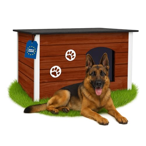 Outentin Hundehütte Outdoor Winterfest - Hundehaus für Große Hund - Isoliert und Wetterfest - Hunde Haus für Draußen mit zum Öffnen Flachdach - Stabile und Moderne Villa - 105 x 71 x 64cm -Nuss von Outentin