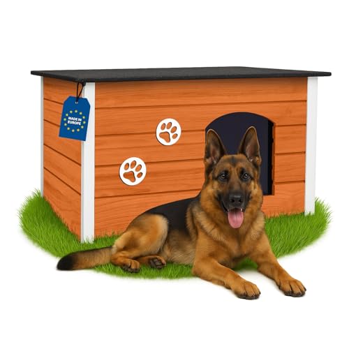 Outentin Hundehütte Outdoor Winterfest - Hundehaus für Große Hund - Isoliert und Wetterfest - Hunde Haus für Draußen mit zum Öffnen Flachdach - Stabile und Moderne Villa - 105 x 71 x 64cm - Teak von Outentin