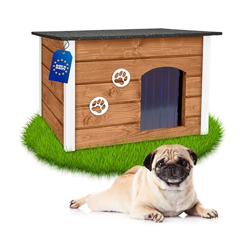 Outentin Hundehütte Outdoor Winterfest - Hundehaus für Mittelgroße Hund - Isoliert und Wetterfest - Hunde Haus für Draußen mit zum Öffnen Flachdach - Stabile und Moderne Villa - 76 x 60 x 60cm -Eiche von Outentin