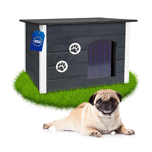 Outentin Hundehütte Outdoor Winterfest - Hundehaus für Mittelgroße Hund - Isoliert und Wetterfest - Hunde Haus für Draußen mit zum Öffnen Flachdach - Stabile und Moderne Villa - 76 x 60 x 60cm - Grau von Outentin