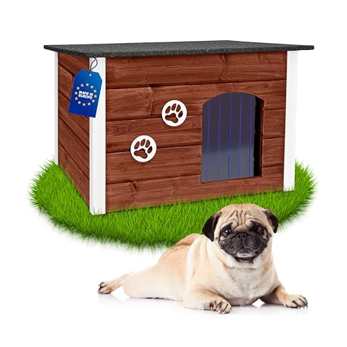 Outentin Hundehütte Outdoor Winterfest - Hundehaus für Mittelgroße Hund - Isoliert und Wetterfest - Hunde Haus für Draußen mit zum Öffnen Flachdach - Stabile und Moderne Villa - 76 x 60 x 60cm -Nuss von Outentin