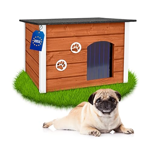 Outentin Hundehütte Outdoor Winterfest - Hundehaus für Mittelgroße Hund - Isoliert und Wetterfest - Hunde Haus für Draußen mit zum Öffnen Flachdach - Stabile und Moderne Villa - 76 x 60 x 60cm - Teak von Outentin