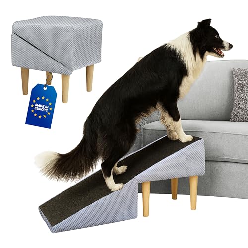 Outentin Hundetreppe Klappbar – Rutschfeste Hunderampe & Weiche Haustiertreppe für Kleine & Große Hunde, Treppe für Sofa & Bett, Stabil & Faltbar, Möbeloptik, 36 cm Hoch – Zuhause & Unterwegs,Hellgrau von Outentin