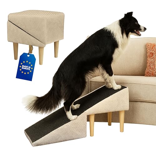 Outentin Hundetreppe Klappbar – rutschfeste Hunderampe & Weiche Haustiertreppe für Kleine & Große Hunde, Treppe für Sofa & Bett, Stabil & Faltbar, Möbeloptik, 36 cm Hoch – Zuhause & Unterwegs, Beige von Outentin