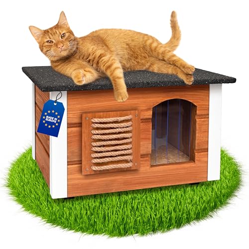 Outentin Katzenhaus Outdoor Winterfest - Katzenhäuschen für Draußen - Isolierte Schutzhütte - Wasserdicht und Wetterfest - Katzenhütte für Draußen - 61 X 39 X 36 cm (Teak) von Outentin