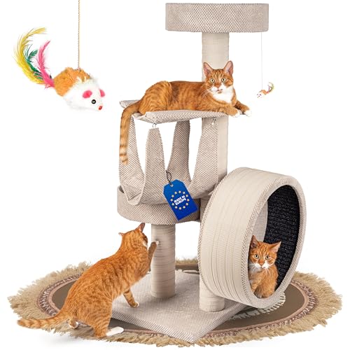 Outentin Kratzbaum für Katzen, mit kleinem Katzenlaufrad aus Holz, Massiver & Stabiler Katzenbaum, Robuster mittelgroßer Kletterbaum & Aktivitätskratzbäume, 135 cm hoch, Dicke Stämme (Beige) von Outentin