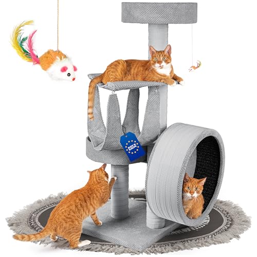 Outentin Kratzbaum für Katzen, mit kleinem Katzenlaufrad aus Holz, Massiver & Stabiler Katzenbaum, Robuster mittelgroßer Kletterbaum & Aktivitätskratzbäume, 135 cm hoch, Dicke Stämme (Grau) von Outentin