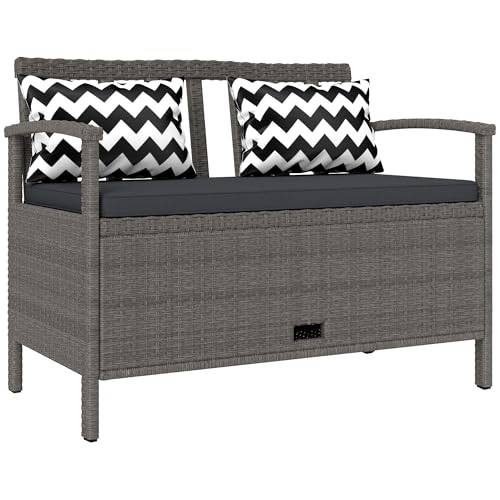 Outsunny 2-Sitzer Gartenbank mit 160L Fassungsvermögen, PE-Rattan-Gartenbank mit Stauraum, Weiden-Outdoor-Bank, Loveseat mit Kissen, Kissen und Stahlrahmen für Terrasse, Grau von Outsunny