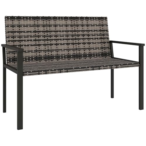 Outsunny 2-Sitzer Rattan Gartenbank, Outdoor Bank mit schnell trocknender Baumwollpolsterung, Weidengarten Loveseat mit Armlehnen, Stahlrahmen für Terrasse, Park, Mischgrau von Outsunny