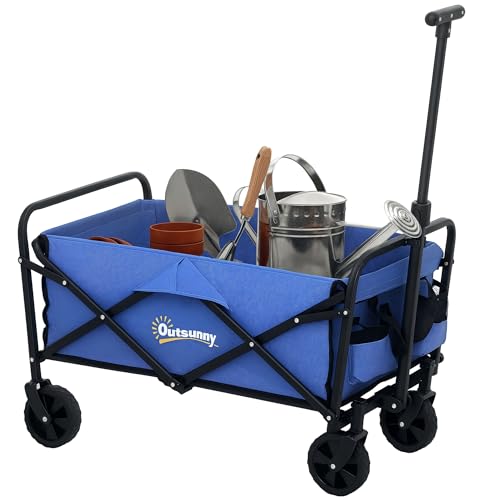 Outsunny 62L Festival Trolley auf Rädern, Garten Faltwagen 120kg Heavy Duty Faltwagen mit verstellbarem Griff und Tragetasche für Strand, Camping, Festival, Blau von Outsunny