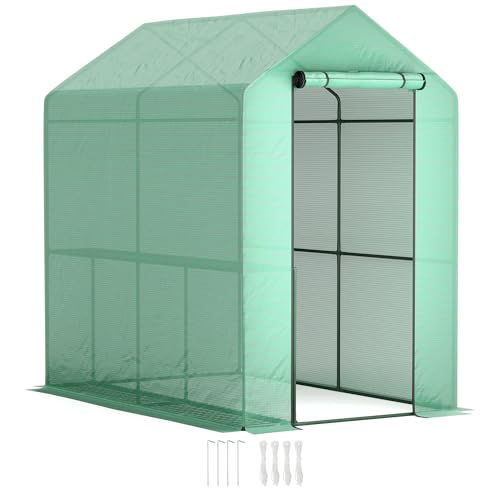Outsunny Begehbares Gewächshaus mit 2 Etagen 4 Regalen, kleines Gewächshaus mit verstärkter PE-Abdeckung, Gartenpflanzengewächshaus mit Rolltür, 120 x 186 x 190 cm, Grün von Outsunny