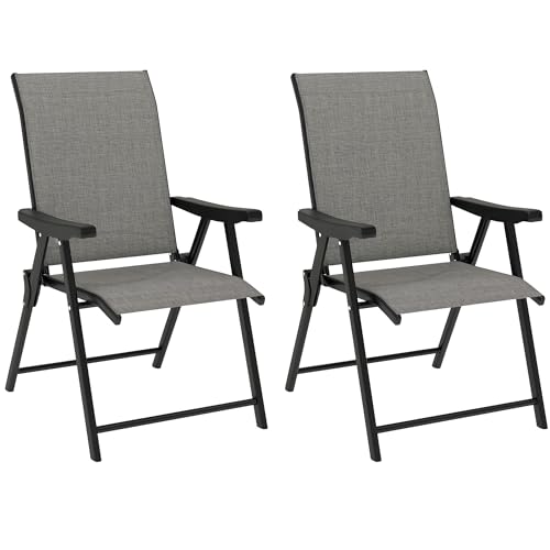 Outsunny Garten Esszimmerstühle 2er Set, Klappbar Gartenstühle mit Allwetter Texteline Rücken und Sitz, Outdoor Esszimmerstuhl mit Armlehnen, Stahlgestell für Terrasse Balkon, Schwarz und Grau von Outsunny