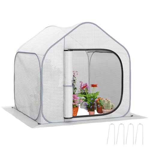 Outsunny Mini Pop Up Gewächshaus mit verstärkter PE-Abdeckung, faltbares kleines Gewächshaus mit Reißverschlusstür für drinnen und draußen, 150 x 148 x 148 cm, Weiß von Outsunny
