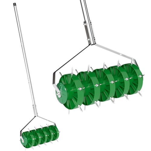 Outsunny Rasenlüfter Aerifizierer für Rasen 45cm Breite Manuell Rasenbelüfter mit 30 Eisenspikes Gartengeräten Bodenschiene Stopfenkern, Vertikutierer Rasenspecht, Rasenpflege für Höfe Rasen von Outsunny
