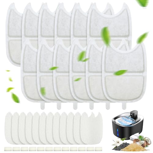 12 Set Katzenbrunnen Filter für 4L Trinkbrunnen,12 Stück Kohlefilter und 24 Stück Schaumstofffilter für 4L Katzenbrunnen Ersatzfilter mit Harz und Aktivkohle von Ouzionz