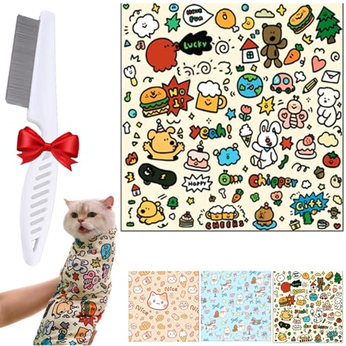 Oveallgo Adhesive Cat Wrap, Cat Wrapping Cloth for Nail Trimming, Self-Adherent Anti-Scratch Swaddle Restraint Bag for Anti-Scratch, Anti-Escape (Cute Graffiti, XLarge: 70 * 70 cm/XL(Within 12.5 kg)) von Oveallgo