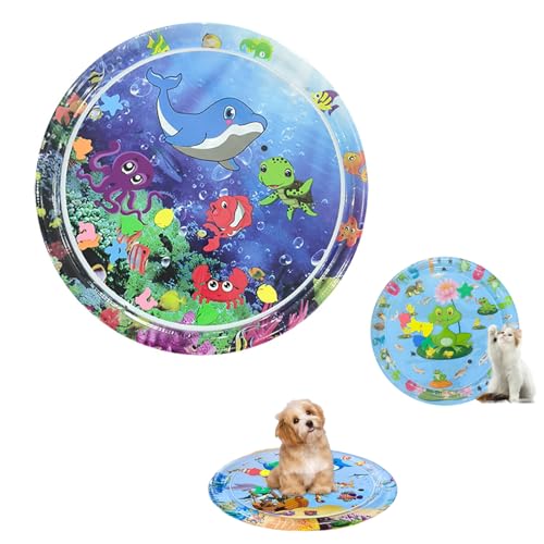 Oveallgo Hunde Spiel Und KüHl Wassermatte, Wasser Sensory Spielmatte FüR Katzen, 65/85/100/105 cm, Runde, Verdickte Sensory-Wasser-Spielmatte FüR Das Spielen Mit Haustieren (100cmC) von Oveallgo