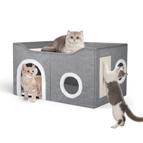 Ovshnrr Faltbares Katzenhaus, 2-lagiges großes Katzenbett für Indoor-Katzen mit Kratzbrett & Plüschball, 61 x 40,6 x 33 cm, Katzenhöhle mit Plüschunterlage und Stoffunterlage für kleine und Ovshnrr Faltbares Katzenhaus, 2-lagiges großes Katzenbett für Indoor-Katzen mit Kratzbrett & Plüschball, 61 x 40,6 x 33 cm, Katzenhöhle mit Plüschunterlage und Stoffunterlage für kleine und von Ovshnrr