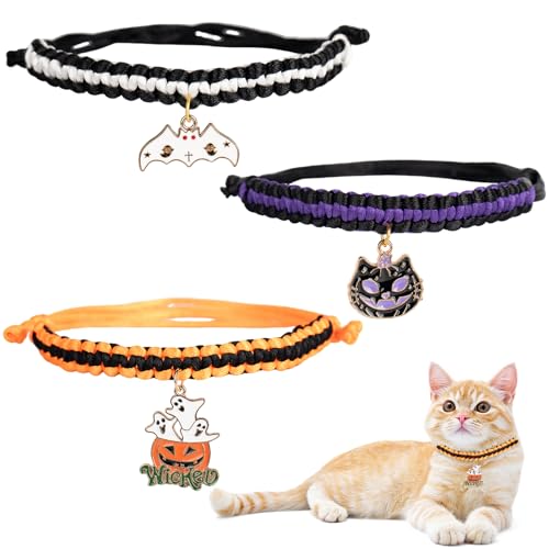 Halloween-Katzenhalsband-Set (3-teilig) – Kürbis-, Fledermaus- und Katzen-Designs, verstellbare, sichere und bequeme Halsbänder für Katzen, passend für Halsgrößen bis 38 cm, perfekt für von Ovyntremis