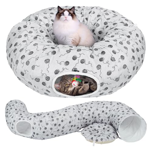 Ownpets Katzentunnel, Großer Katzentunnel mit Katzenbett für Indoor Katzen, L-190CM,Dia-30CM, flauschig, Runder Katzentunnel XXL mit Katzenspielzeug, Abnehmbar, Weiß von Ownpets
