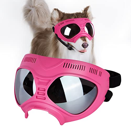 Ownpets Anti-UV Hundebrille, Sonnenbrille, Hund Fliegerbrille für Mittlere und Große Hunde, Winddicht, Verstellbar, Rosa Rahmen mit Silber Linse von Ownpets