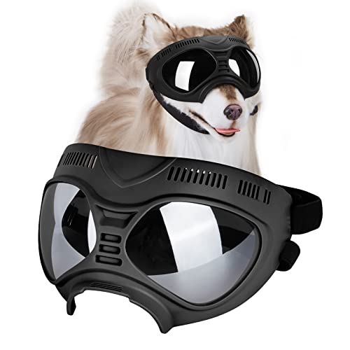 Ownpets Anti-UV Hundebrille, Sonnenbrille, Hund Fliegerbrille für Mittlere und Große Hunde, Winddicht, Verstellbar, Schwarz Rahmen mit Silber Linse von Ownpets