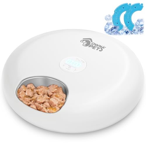 Ownpets Automatischer Katzenfutterautomat für Nass/Trockenfutter, Futterspender für Haustiere, mit Edelstahl-Schüssel-Einsätzen, 6 Mahlzeiten mit 2 Kühlakkus, schützen Pfoten Design, Weiß von Ownpets