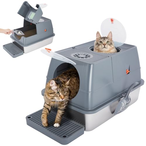Ownpets Edelstahl Katzenklo mit Deckel, XXL Extra großes Katzenklo aus Edelstahl 20L, mit Katzenstreuschaufel und Pedale, Geruchskontrolle, 40cm hoher Abnehmbarer Rand, 61 x 40 x 40cm von Ownpets