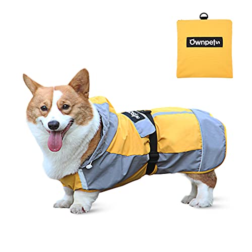 Ownpets Hunde Regenjacke, Regenmantel Hund mit Kapuze, Reflektoren und Verstellbarer Riemen, Wasserdichter Hundemantel (M | gelb+grau) von Ownpets