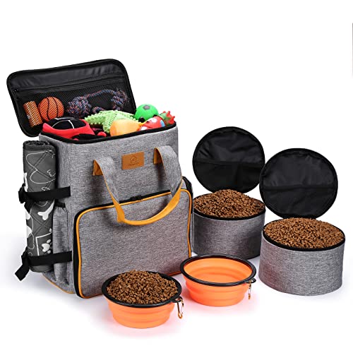 Ownpets Hunde Reisetasche, Reisetasche für Hundeausrüstung mit 2 Hundefuttertaschen, 2 faltbaren Näpfen und einem abnehmbaren Tragegurt, ideal für Reise, Camping, am Flugzeug tragbar(Grau) von Ownpets