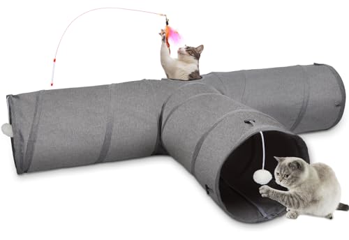 Ownpets Katzentunnel, 3-Wege-Faltbarer Kitty-Tunnel, 30cm im Durchmesser, größere Katzenröhre mit Plüschball & Federspielzeug, großer Katzenspieltunnel für große Katze, Kätzchen, Welpen, Kaninchen von Ownpets